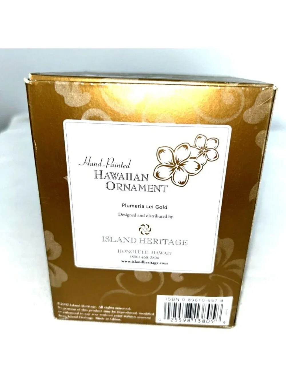 Plumeria Lei Gold Hawaiian Christmas Ornament Hand Painted Glass with Box FLAW